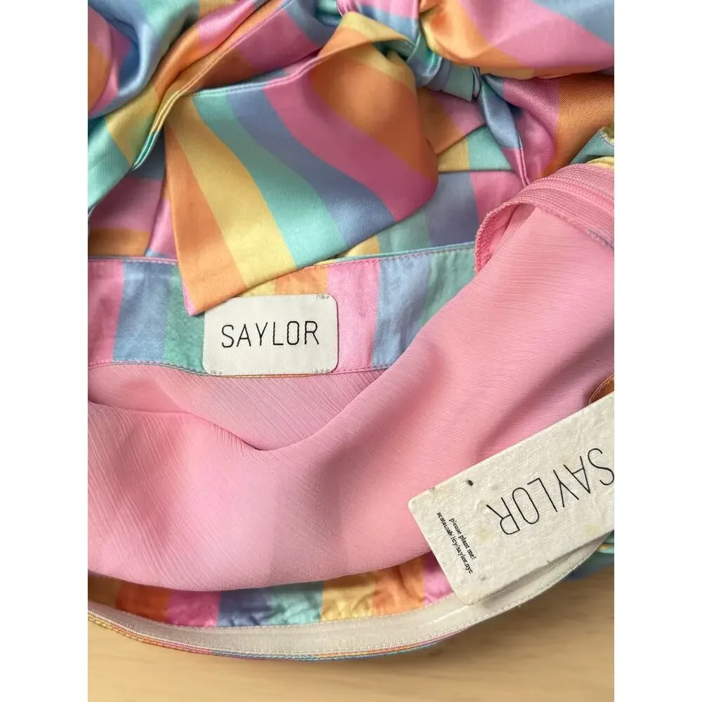 NWT Saylor Anora Rainbow Bias Satin Bow Strapless Stripe Resort Midi Dress Small - Picture 6 of 6